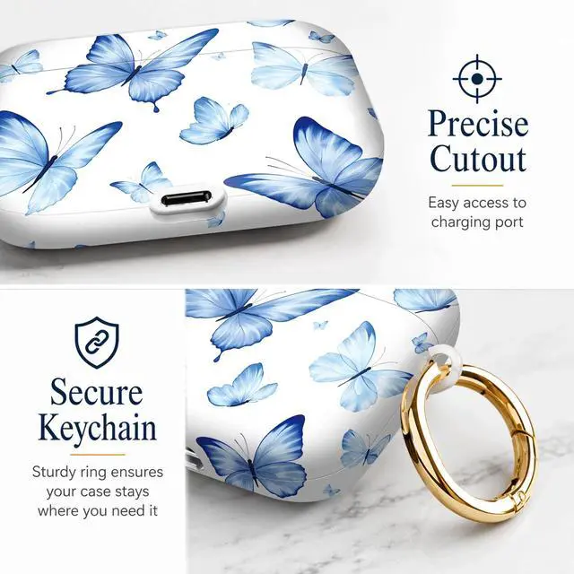 Alt view image 3 of 7 - Compatiable with AirPod Pro 3 Trendy Case with Keychain Shockproof and Full Coverage, Unique Pattern Design for 3rd Gen Airpod Pro(Blue Butterflies Watercolor)