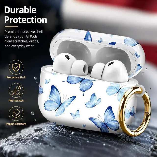 Alt view image 4 of 7 - Compatiable with AirPod Pro 3 Trendy Case with Keychain Shockproof and Full Coverage, Unique Pattern Design for 3rd Gen Airpod Pro(Blue Butterflies Watercolor)