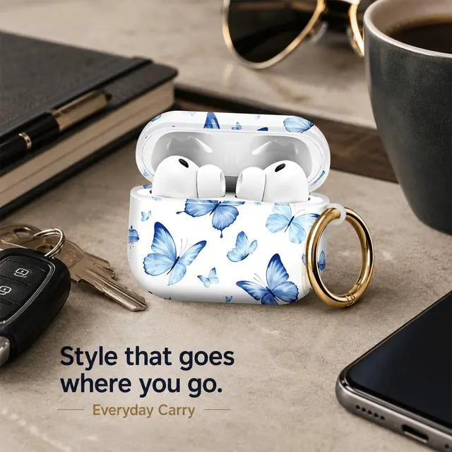 Alt view image 7 of 7 - Compatiable with AirPod Pro 3 Trendy Case with Keychain Shockproof and Full Coverage, Unique Pattern Design for 3rd Gen Airpod Pro(Blue Butterflies Watercolor)