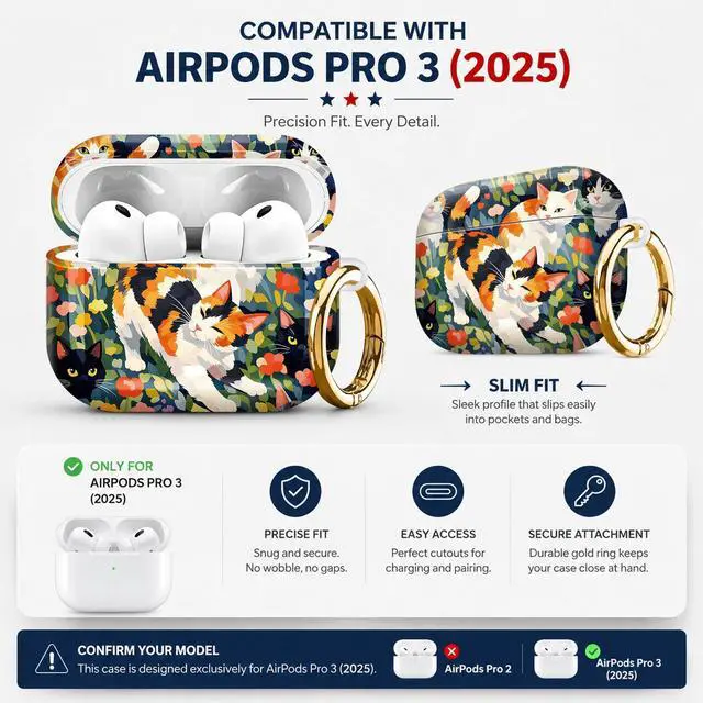 Alt view image 2 of 7 - Compatiable with AirPod Pro 3 Trendy Case with Keychain Shockproof and Full Coverage, Unique Pattern Design for 3rd Gen Airpod Pro(Cats Flowers Garden Art)