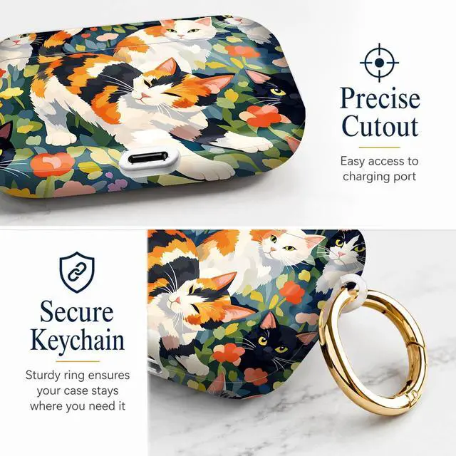 Alt view image 3 of 7 - Compatiable with AirPod Pro 3 Trendy Case with Keychain Shockproof and Full Coverage, Unique Pattern Design for 3rd Gen Airpod Pro(Cats Flowers Garden Art)