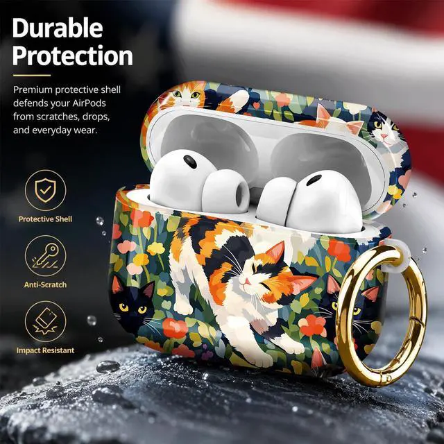 Alt view image 4 of 7 - Compatiable with AirPod Pro 3 Trendy Case with Keychain Shockproof and Full Coverage, Unique Pattern Design for 3rd Gen Airpod Pro(Cats Flowers Garden Art)