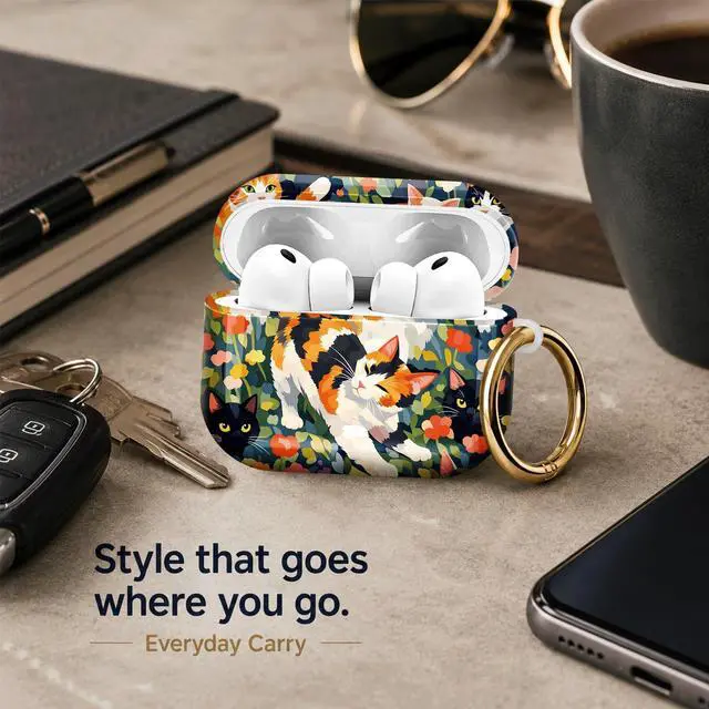 Alt view image 7 of 7 - Compatiable with AirPod Pro 3 Trendy Case with Keychain Shockproof and Full Coverage, Unique Pattern Design for 3rd Gen Airpod Pro(Cats Flowers Garden Art)
