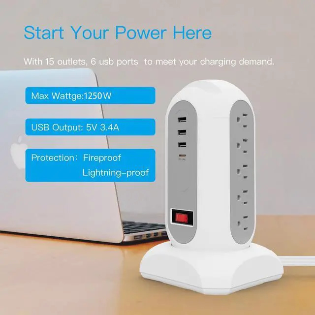 Alt view image 2 of 3 - Tower Desktop Charging Station Power Strip, 5 FT Extension Cord with 15 AC Outlets, 3 USB-A & 1 USB-C Ports, Built-in Phone Holder, Overload Protection, Essentials for Home Office College Dorm