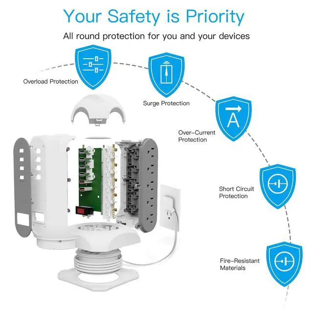 Alt view image 3 of 3 - Tower Desktop Charging Station Power Strip, 5 FT Extension Cord with 15 AC Outlets, 3 USB-A & 1 USB-C Ports, Built-in Phone Holder, Overload Protection, Essentials for Home Office College Dorm