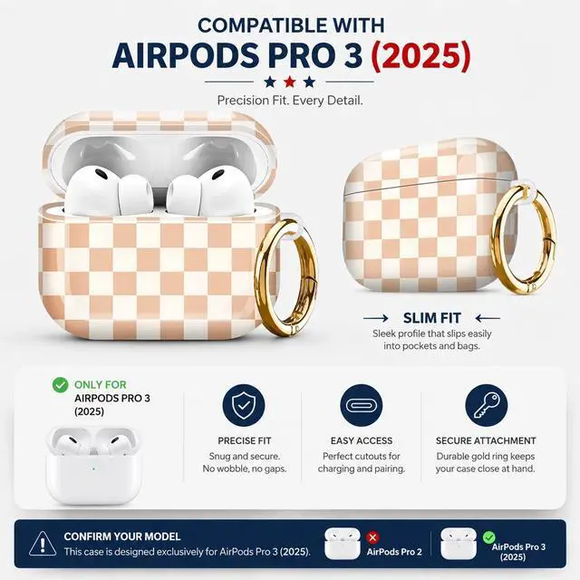 Alt view image 2 of 7 - Compatiable with AirPod Pro 3 Trendy Case with Keychain Shockproof and Full Coverage, Unique Pattern Design for 3rd Gen Airpod Pro(Beige White Squares)