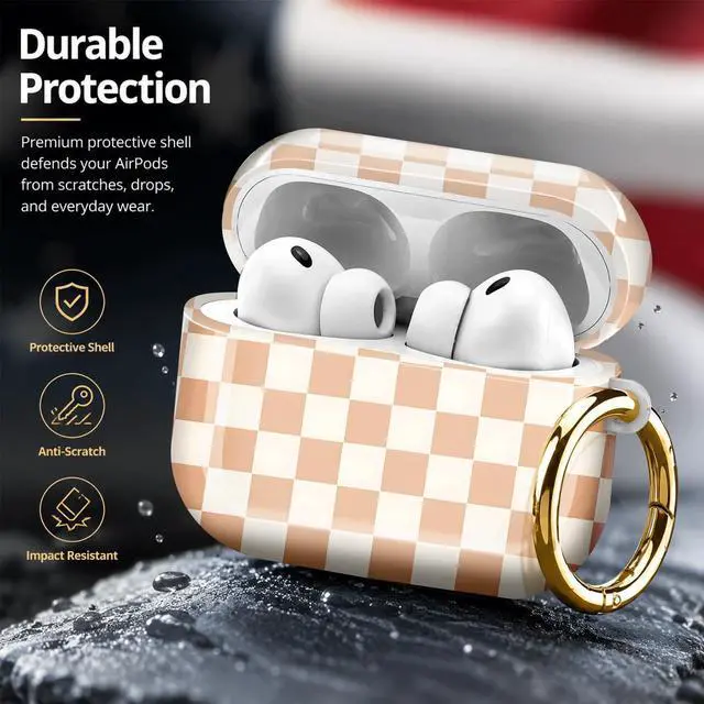 Alt view image 4 of 7 - Compatiable with AirPod Pro 3 Trendy Case with Keychain Shockproof and Full Coverage, Unique Pattern Design for 3rd Gen Airpod Pro(Beige White Squares)