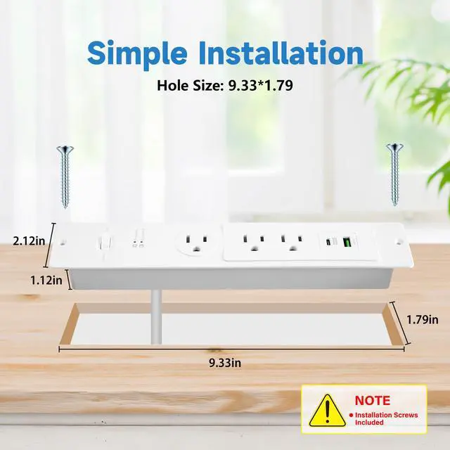 Alt view image 2 of 6 - Recessed Power Strip with 6 Feet Cord, 45 Degree 3-Prong Thin Flat Plug, 3 AC Outlets (1 Widely Spaced AC Outlets),2 USB Ports (20W PD USB-C & 18W QC3.0 USB-A) 980J Surge Protection, ETL Listed, White