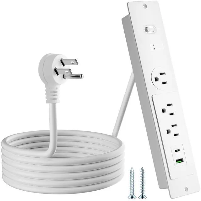 Main image of Recessed Power Strip with 6 Feet Cord, 45 Degree 3-Prong Thin Flat Plug, 3 AC Outlets (1 Widely Spaced AC Outlets),2 USB Ports (20W PD USB-C & 18W QC3.0 USB-A) 980J Surge Protection, ETL Listed, White