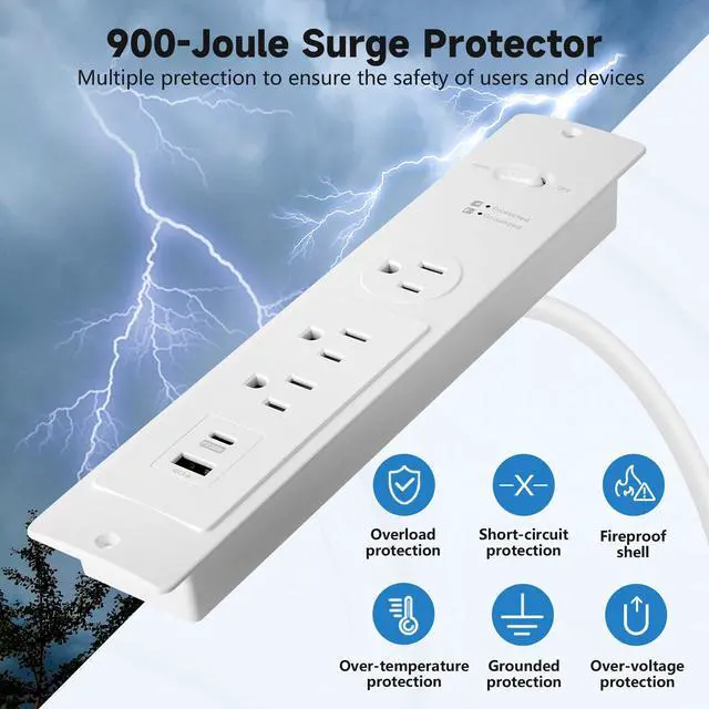 Alt view image 3 of 6 - Recessed Power Strip with 6 Feet Cord, 45 Degree 3-Prong Thin Flat Plug, 3 AC Outlets (1 Widely Spaced AC Outlets),2 USB Ports (20W PD USB-C & 18W QC3.0 USB-A) 980J Surge Protection, ETL Listed, White