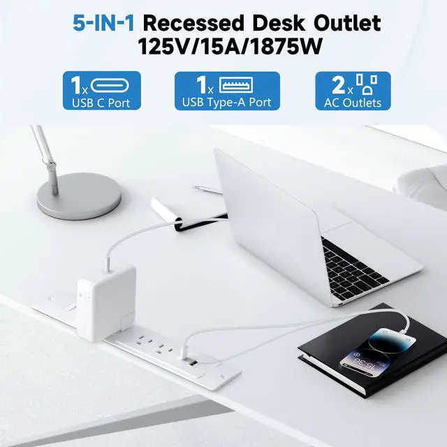 Alt view image 4 of 6 - Recessed Power Strip with 6 Feet Cord, 45 Degree 3-Prong Thin Flat Plug, 3 AC Outlets (1 Widely Spaced AC Outlets),2 USB Ports (20W PD USB-C & 18W QC3.0 USB-A) 980J Surge Protection, ETL Listed, White