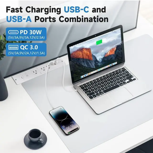 Alt view image 5 of 6 - Recessed Power Strip with 6 Feet Cord, 45 Degree 3-Prong Thin Flat Plug, 3 AC Outlets (1 Widely Spaced AC Outlets),2 USB Ports (20W PD USB-C & 18W QC3.0 USB-A) 980J Surge Protection, ETL Listed, White