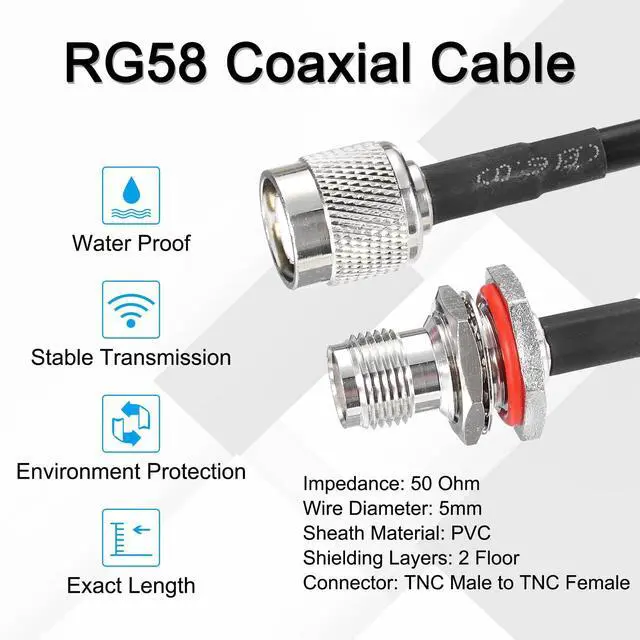 Alt view image 3 of 5 - 10ft/3M RG58 TNC Coaxial Cable, 50 Ohm, Low Loss, Suitable for CB Radio, GPS Antenna, Wi-Fi Radios, RF Device