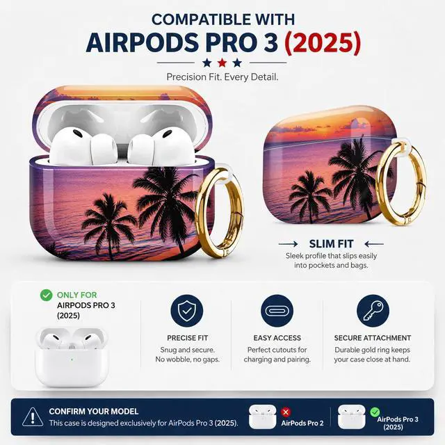 Alt view image 2 of 7 - Compatiable with AirPod Pro 3 Trendy Case with Keychain Shockproof and Full Coverage, Unique Pattern Design for 3rd Gen Airpod Pro(Tropical Sunset Palm Beach)
