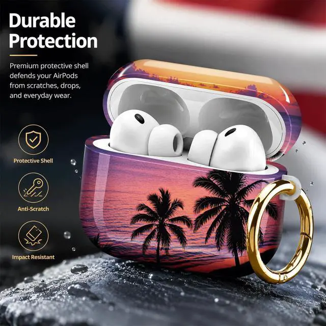 Alt view image 4 of 7 - Compatiable with AirPod Pro 3 Trendy Case with Keychain Shockproof and Full Coverage, Unique Pattern Design for 3rd Gen Airpod Pro(Tropical Sunset Palm Beach)