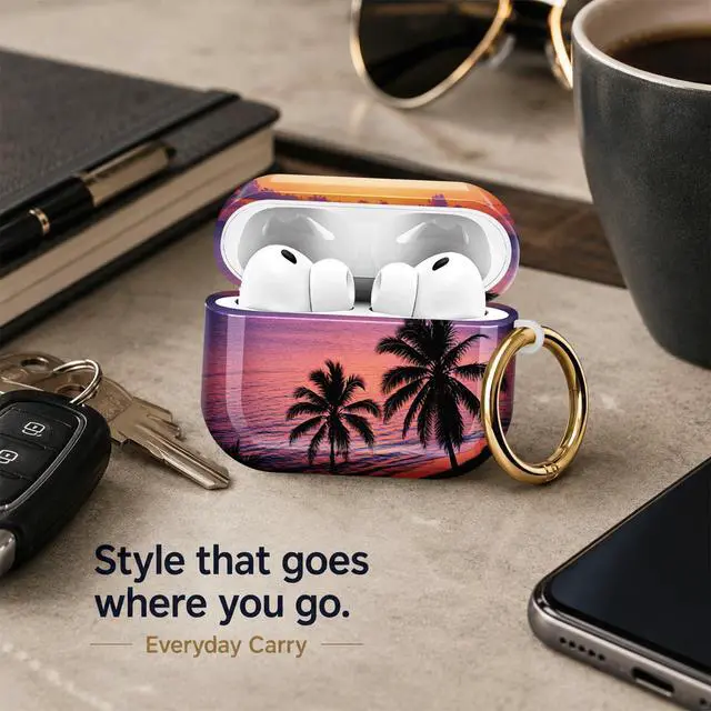 Alt view image 7 of 7 - Compatiable with AirPod Pro 3 Trendy Case with Keychain Shockproof and Full Coverage, Unique Pattern Design for 3rd Gen Airpod Pro(Tropical Sunset Palm Beach)