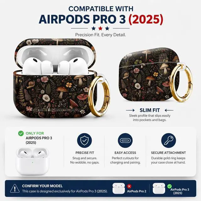 Alt view image 2 of 7 - Compatiable with AirPod Pro 3 Trendy Case with Keychain Shockproof and Full Coverage, Unique Pattern Design for 3rd Gen Airpod Pro(Mushroom Forest Floral)