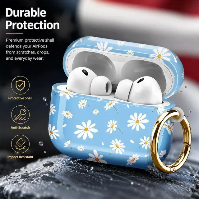 Alt view image 4 of 7 - Compatiable with AirPod Pro 3 Trendy Case with Keychain Shockproof and Full Coverage, Unique Pattern Design for 3rd Gen Airpod Pro(Daisy On Blue)