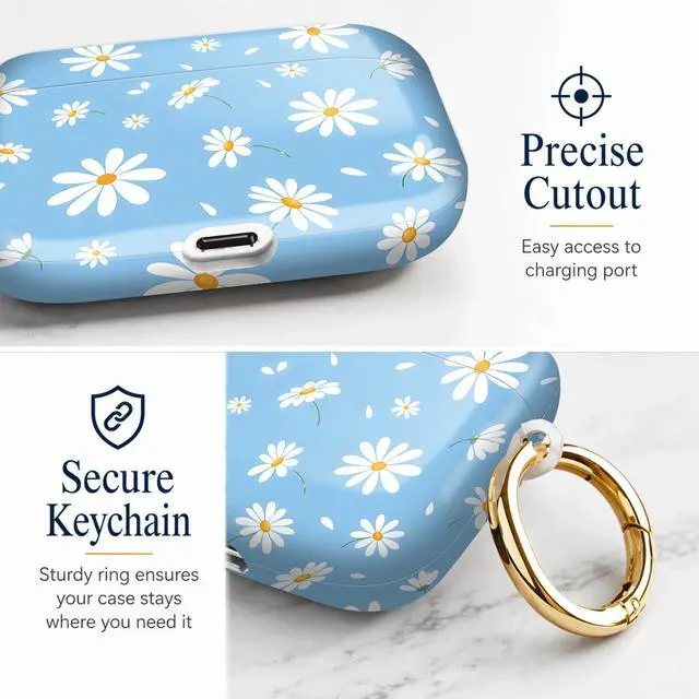 Alt view image 3 of 7 - Compatiable with AirPod Pro 3 Trendy Case with Keychain Shockproof and Full Coverage, Unique Pattern Design for 3rd Gen Airpod Pro(Daisy On Blue)