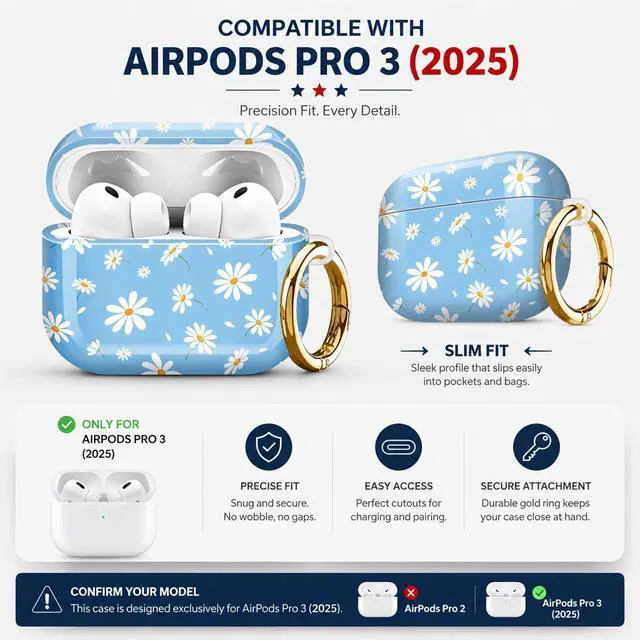 Alt view image 2 of 7 - Compatiable with AirPod Pro 3 Trendy Case with Keychain Shockproof and Full Coverage, Unique Pattern Design for 3rd Gen Airpod Pro(Daisy On Blue)