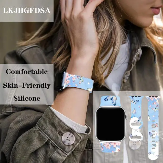 Alt view image 2 of 6 - Butterflies Watch Band Compatible with Apple Watch, Silicone Strap Adjustable Replacement for Iwatch Bands All Series