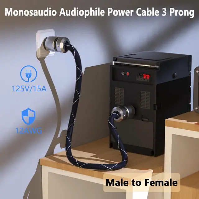 Alt view image 2 of 6 - 12AWG Audiophile Power Cord Pure Copper 125V 15A Gold Plated Plugs(2M) | Audio Power Cable Hifi Power Cable High Quality Braided Sleeves Power Line for Speaker,Sub,Turntable,Amp,DAC