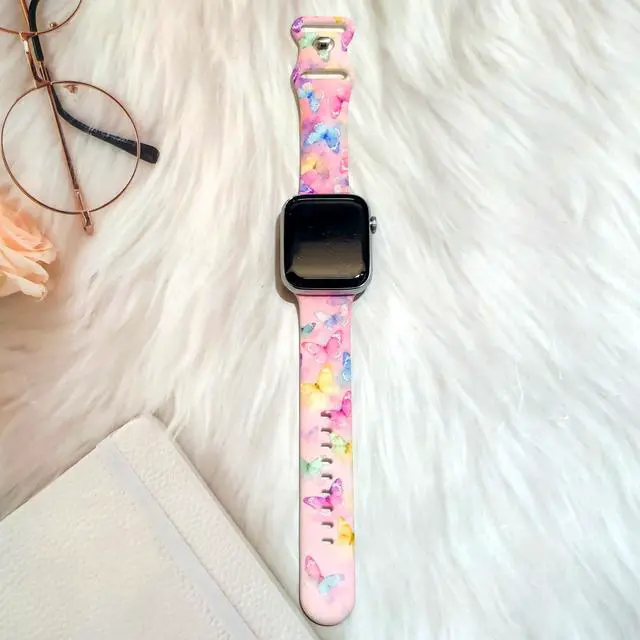 Alt view image 6 of 6 - Butterflies Watch Band Compatible with Apple Watch, Silicone Strap Adjustable Replacement for Iwatch Bands All Series