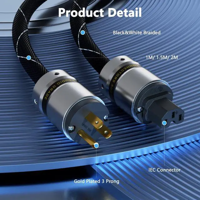 Alt view image 5 of 6 - 12AWG Audiophile Power Cord Pure Copper 125V 15A Gold Plated Plugs(2M) | Audio Power Cable Hifi Power Cable High Quality Braided Sleeves Power Line for Speaker,Sub,Turntable,Amp,DAC