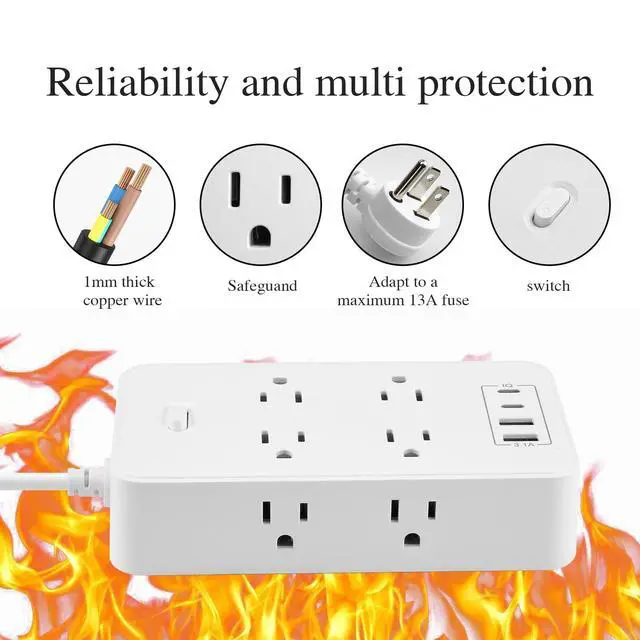 Alt view image 2 of 7 - Power Strip, 6-Foot Surge ProtectorExtension Cord with Multiple Outlets, 8 Outlets 4USB Ports (2 USB-C) for Home Office (White)