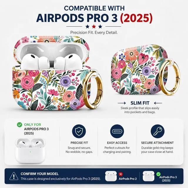 Alt view image 2 of 7 - Compatiable with AirPod Pro 3 Trendy Case with Keychain Shockproof and Full Coverage, Unique Pattern Design for 3rd Gen Airpod Pro(Colorful Floral Leaves Berries)