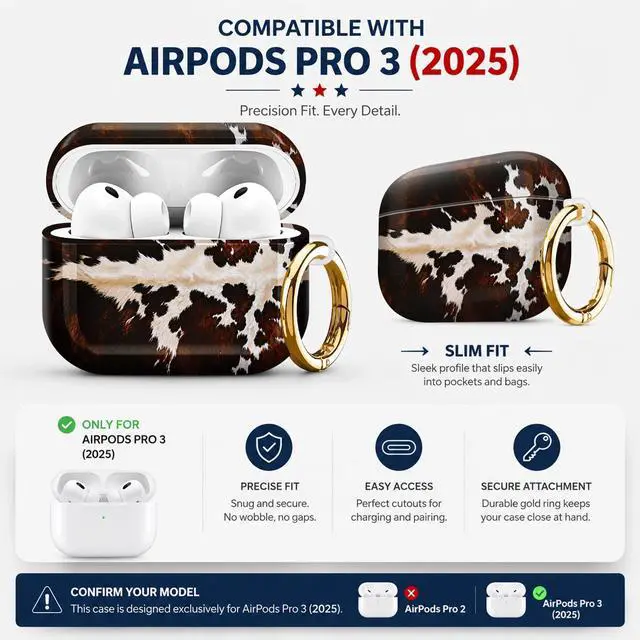 Alt view image 2 of 7 - Compatiable with AirPod Pro 3 Trendy Case with Keychain Shockproof and Full Coverage, Unique Pattern Design for 3rd Gen Airpod Pro(Brown White Spotted Cowhide)