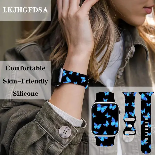 Alt view image 2 of 7 - Butterflies Watch Band Compatible with Apple Watch, Silicone Strap Adjustable Replacement for Iwatch Bands All Series