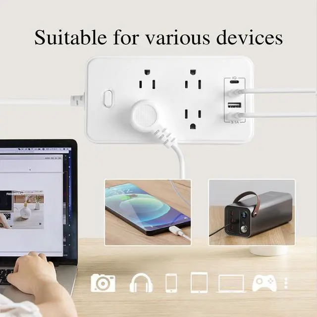 Alt view image 6 of 7 - Power Strip, 6-Foot Surge ProtectorExtension Cord with Multiple Outlets, 8 Outlets 4USB Ports (2 USB-C) for Home Office (White)