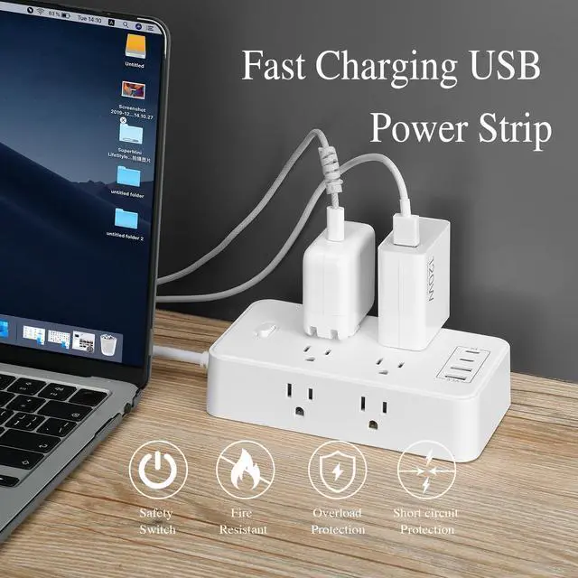 Alt view image 5 of 7 - Power Strip, 6-Foot Surge ProtectorExtension Cord with Multiple Outlets, 8 Outlets 4USB Ports (2 USB-C) for Home Office (White)