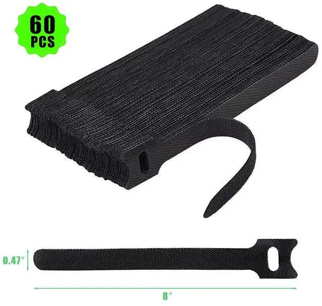 Alt view image 2 of 6 - Reusable Cable Ties with Hook and Loop, 60 Pack 8 Inch Heavy Duty Black Straps for Wire Management, Cord Organization for Home Office, Garage, Data Centers