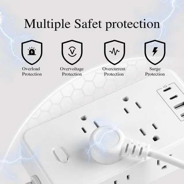 Alt view image 4 of 7 - Power Strip, 6-Foot Surge ProtectorExtension Cord with Multiple Outlets, 8 Outlets 4USB Ports (2 USB-C) for Home Office (White)