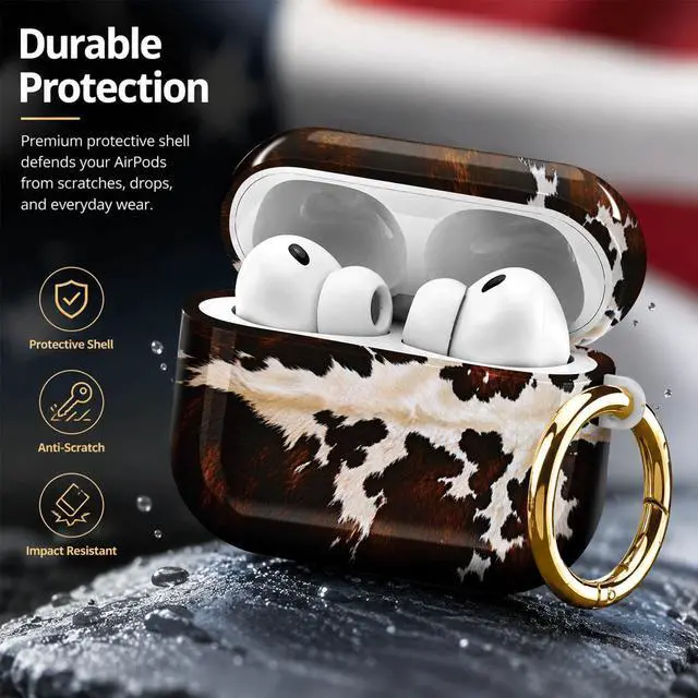 Alt view image 4 of 7 - Compatiable with AirPod Pro 3 Trendy Case with Keychain Shockproof and Full Coverage, Unique Pattern Design for 3rd Gen Airpod Pro(Brown White Spotted Cowhide)
