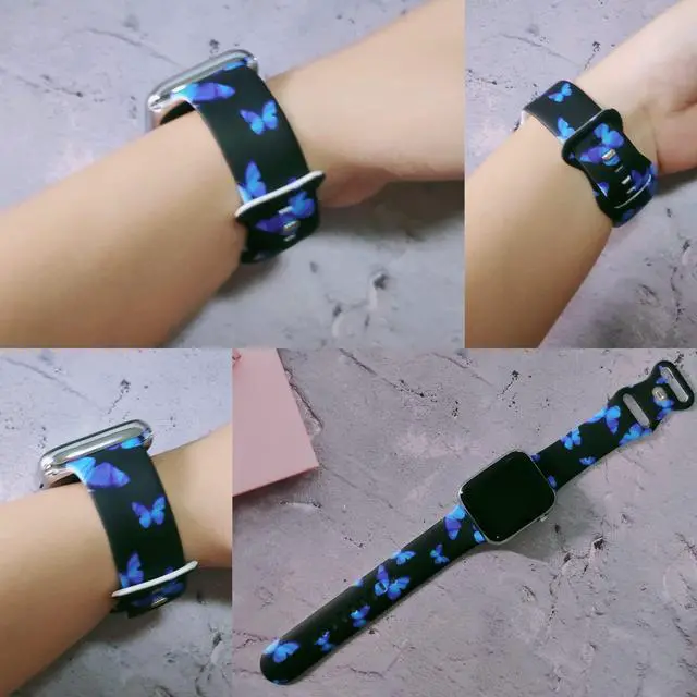 Alt view image 6 of 7 - Butterflies Watch Band Compatible with Apple Watch, Silicone Strap Adjustable Replacement for Iwatch Bands All Series