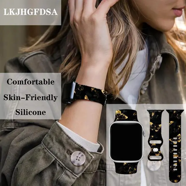 Alt view image 2 of 6 - Butterflies Watch Band Compatible with Apple Watch, Silicone Strap Adjustable Replacement for Iwatch Bands All Series