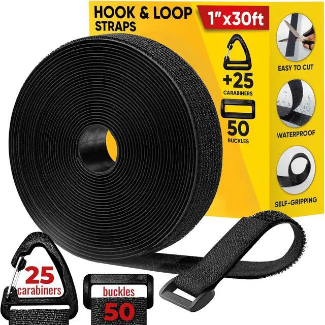 Main image of Hook and Loop Cable Straps with 50 Bucklets and 25 Carabineres, Reusable Fastening Cable Ties, Wire Management Securing Strap for Cable Tidy, Wire Management, Multi-Purpose Cord Organizer (Black)