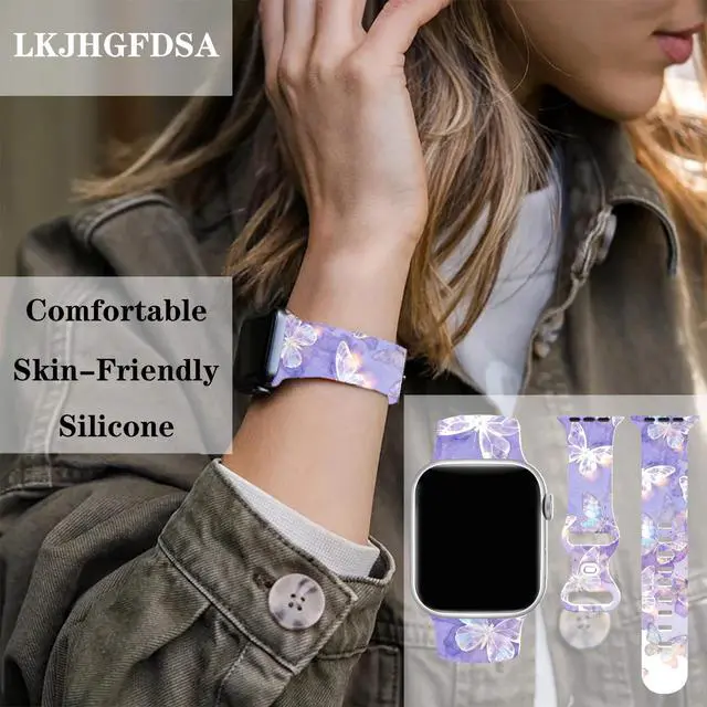 Alt view image 2 of 6 - Butterflies Watch Band Compatible with Apple Watch, Silicone Strap Adjustable Replacement for Iwatch Bands All Series