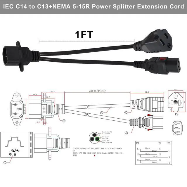 Alt view image 2 of 7 - C14 to C13+NEMA 5-15R Y Splitter Power Cord, 1FT 18AWG 10A, Locking IEC320 C14 Male to C13+Nema 5-15R Female Splitter Adapter Extension Cord(Lockable C14&C13 connectors), Black 2-Pack