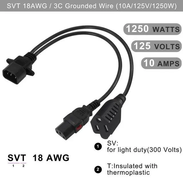 Alt view image 3 of 7 - C14 to C13+NEMA 5-15R Y Splitter Power Cord, 1FT 18AWG 10A, Locking IEC320 C14 Male to C13+Nema 5-15R Female Splitter Adapter Extension Cord(Lockable C14&C13 connectors), Black 2-Pack