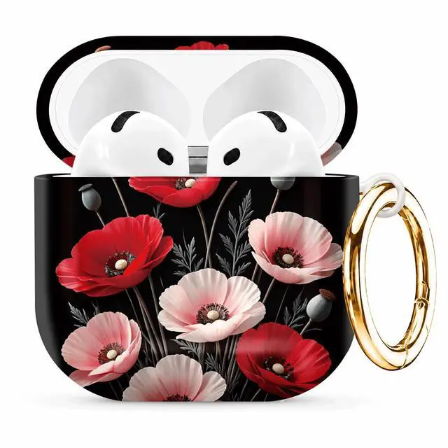 Main image of Compatible with AirPod 4th Generation (2024), Cute Protective Cover with Keychain, TPU Anti-Drop Earbuds Case for Women and Men(Red Poppy Flower)