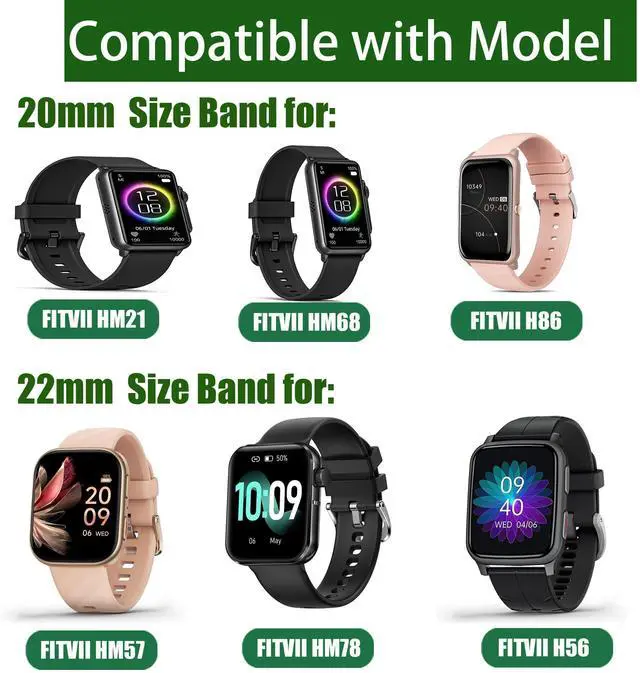 Alt view image 2 of 6 - Compatible for FITVII Fitness Tracker Bands, 20mm, 22mm New Soft Silicone Sport Replacement Straps Compatible for FITVII HM57, HM78, HM68, HM21, H56, H86 Smart Watch Fitness Tracker