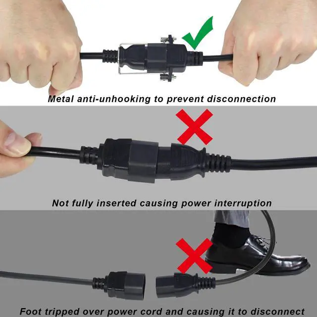 Alt view image 7 of 7 - C14 to C13+NEMA 5-15R Y Splitter Power Cord, 1FT 18AWG 10A, Locking IEC320 C14 Male to C13+Nema 5-15R Female Splitter Adapter Extension Cord(Lockable C14&C13 connectors), Black 2-Pack