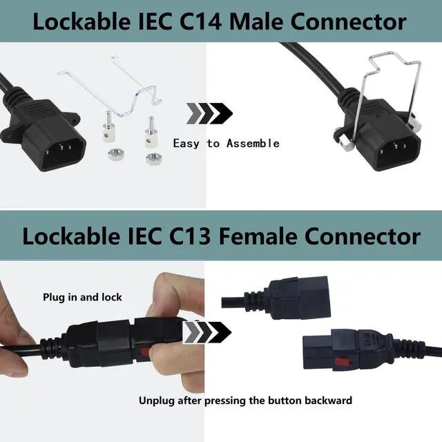 Alt view image 6 of 7 - C14 to C13+NEMA 5-15R Y Splitter Power Cord, 1FT 18AWG 10A, Locking IEC320 C14 Male to C13+Nema 5-15R Female Splitter Adapter Extension Cord(Lockable C14&C13 connectors), Black 2-Pack
