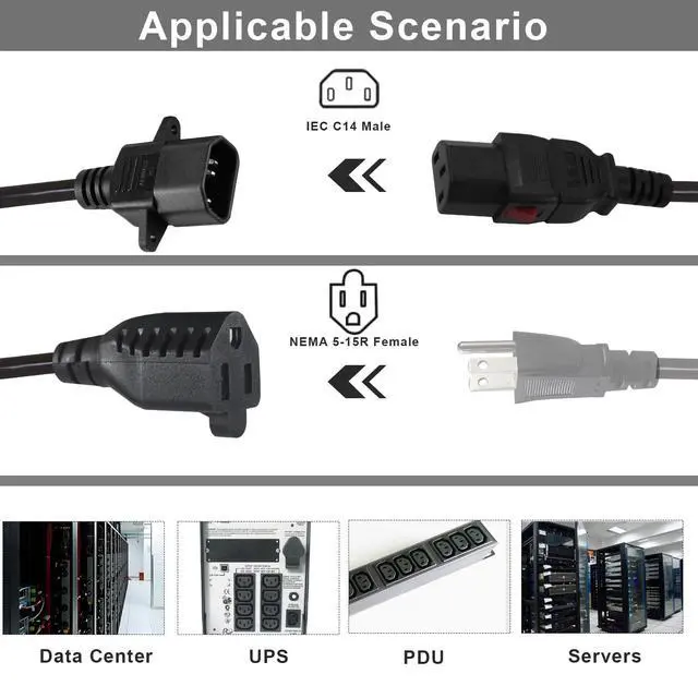 Alt view image 5 of 7 - C14 to C13+NEMA 5-15R Y Splitter Power Cord, 1FT 18AWG 10A, Locking IEC320 C14 Male to C13+Nema 5-15R Female Splitter Adapter Extension Cord(Lockable C14&C13 connectors), Black 2-Pack