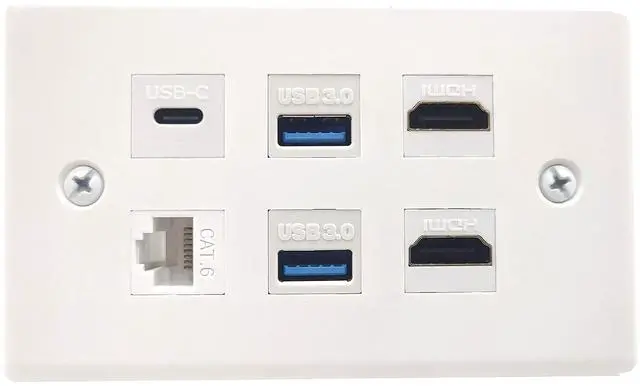 Main image of HDMI USB3.0 CAT Type-C Wall Plate, 6 Port Outlet Wall Plate, 2 x HDMI Keystone Jack + 2 x USB 3.0 +1 xType C+1 x CAT6 RJ45 Keystone Jack, for Wall Plate Face Plate, White