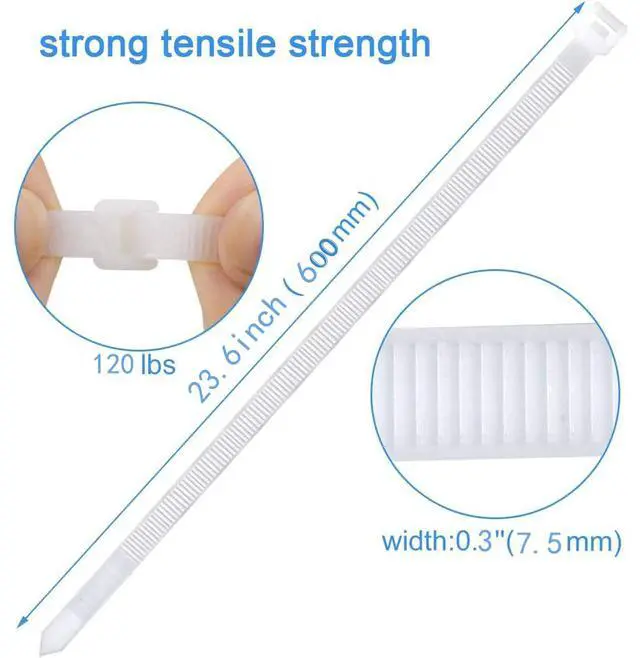 Alt view image 2 of 6 - 24 inch Zip Ties Heavy Duty outdoor use Extra Long Cable Ties White 100 pcs 120 lbs thick plastic Ziptie